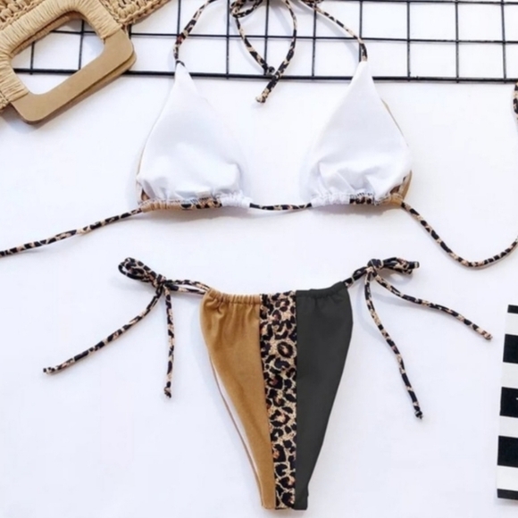 New Leopard String Slide Triangle Brazilian Bikini Set Swimsuit Size M - Picture 7 of 7
